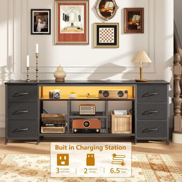 Alt view image 5 of 7 - LED TV Stand for 65, 70 Inch TV, 63 Inch Entertainment Center with Power Outlets, 6 Fabric Drawers Dresser for Bedroom, Media Console with Open Shelves, PU Leather Surface, Black