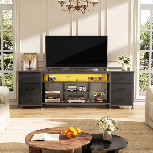 Alt view image 7 of 7 - LED TV Stand for 65, 70 Inch TV, 63 Inch Entertainment Center with Power Outlets, 6 Fabric Drawers Dresser for Bedroom, Media Console with Open Shelves, PU Leather Surface, Black