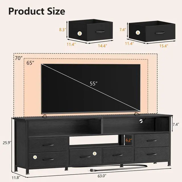 Alt view image 2 of 7 - 63 Inch Entertainment Center Dresser for Bedroom, TV Stand for 65 70 Inch TVs, 6 Drawers Dresser with Power Outlets and LED Lights, Media Console with PU Leather Surface for Living Room