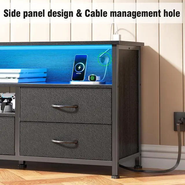 Alt view image 4 of 7 - 63 Inch Entertainment Center Dresser for Bedroom, TV Stand for 65 70 Inch TVs, 6 Drawers Dresser with Power Outlets and LED Lights, Media Console with PU Leather Surface for Living Room