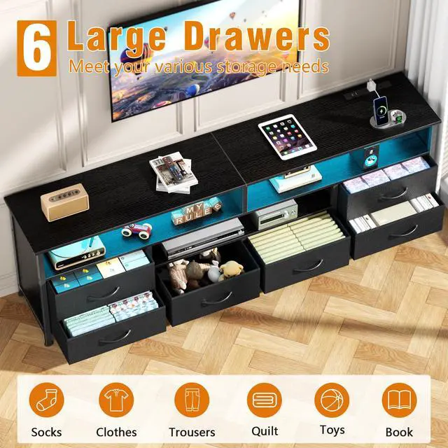 Alt view image 5 of 7 - 63 Inch Entertainment Center Dresser for Bedroom, TV Stand for 65 70 Inch TVs, 6 Drawers Dresser with Power Outlets and LED Lights, Media Console with PU Leather Surface for Living Room