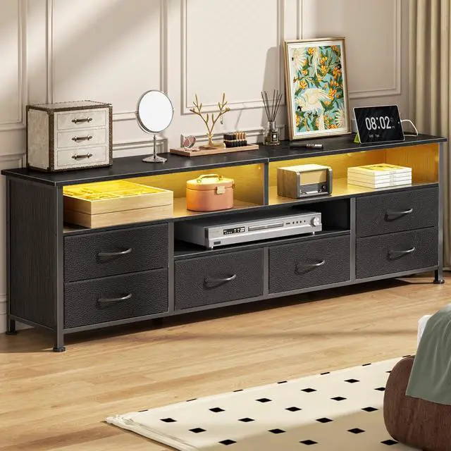 Alt view image 7 of 7 - 63 Inch Entertainment Center Dresser for Bedroom, TV Stand for 65 70 Inch TVs, 6 Drawers Dresser with Power Outlets and LED Lights, Media Console with PU Leather Surface for Living Room