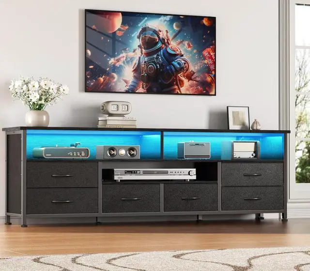 Alt view image 6 of 7 - 63 Inch Entertainment Center Dresser for Bedroom, TV Stand for 65 70 Inch TVs, 6 Drawers Dresser with Power Outlets and LED Lights, Media Console with PU Leather Surface for Living Room