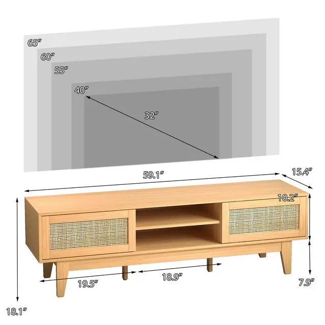 Alt view image 2 of 7 - Boho TV Stand for 55 65 Inch TV, Rattan Entertainment Center with Shelves, Cabinets and Sliding Doors, TV Media Console Table with Solid Wood Feet & Cord Holes for Living Room, Bedroom, Natural