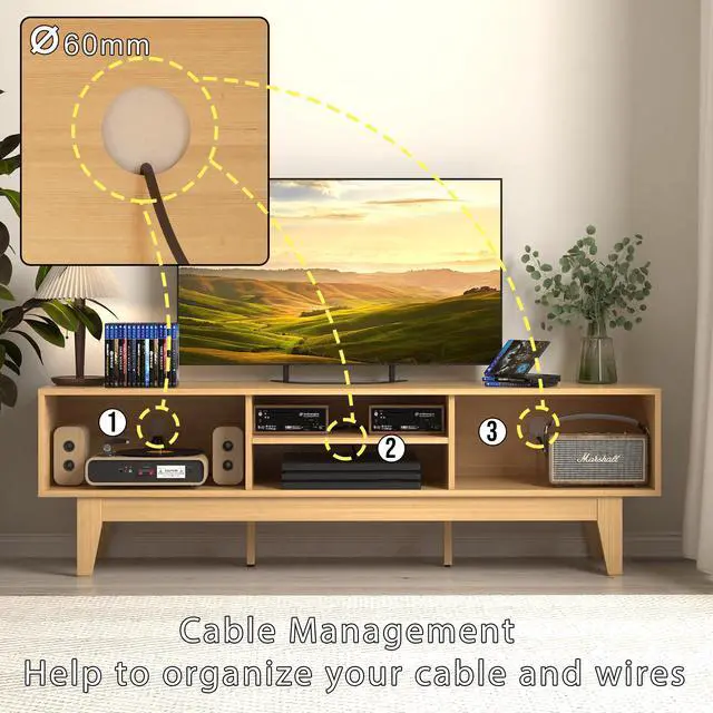 Alt view image 3 of 7 - Boho TV Stand for 55 65 Inch TV, Rattan Entertainment Center with Shelves, Cabinets and Sliding Doors, TV Media Console Table with Solid Wood Feet & Cord Holes for Living Room, Bedroom, Natural