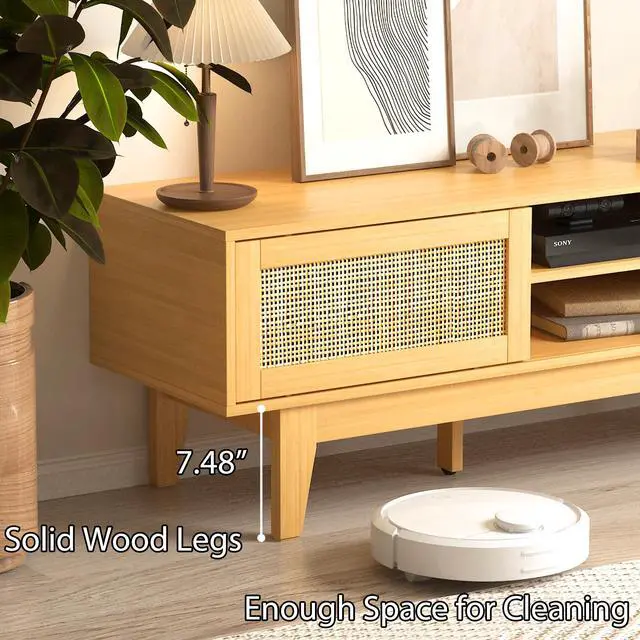 Alt view image 6 of 7 - Boho TV Stand for 55 65 Inch TV, Rattan Entertainment Center with Shelves, Cabinets and Sliding Doors, TV Media Console Table with Solid Wood Feet & Cord Holes for Living Room, Bedroom, Natural