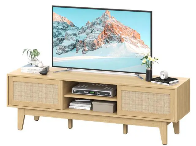 Alt view image 7 of 7 - Boho TV Stand for 55 65 Inch TV, Rattan Entertainment Center with Shelves, Cabinets and Sliding Doors, TV Media Console Table with Solid Wood Feet & Cord Holes for Living Room, Bedroom, Natural