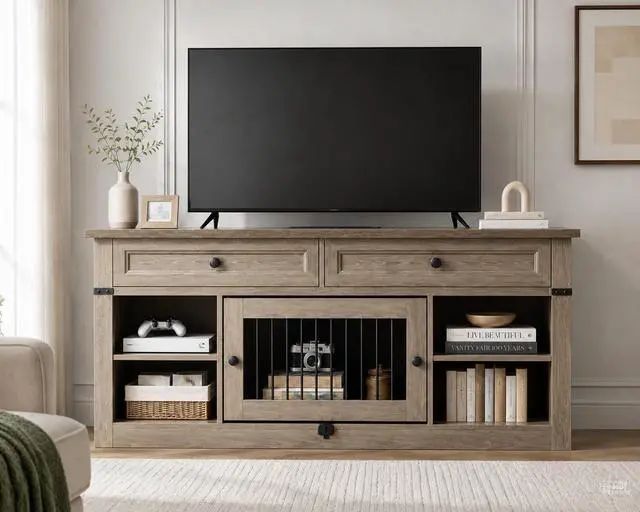 Main image of TV Stand up to 65 Inch TV with 2 Storage Drawers & Open Shelves, Entertainment Center with Small Dog/Cat House, TV Cabinet for Living Room, Bedroom,Dog Crate Furniture(Grey Oak)
