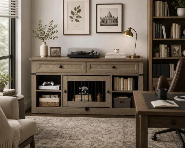 Alt view image 2 of 7 - TV Stand up to 65 Inch TV with 2 Storage Drawers & Open Shelves, Entertainment Center with Small Dog/Cat House, TV Cabinet for Living Room, Bedroom,Dog Crate Furniture(Grey Oak)