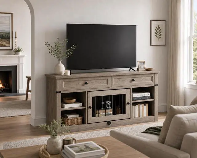 Alt view image 4 of 7 - TV Stand up to 65 Inch TV with 2 Storage Drawers & Open Shelves, Entertainment Center with Small Dog/Cat House, TV Cabinet for Living Room, Bedroom,Dog Crate Furniture(Grey Oak)