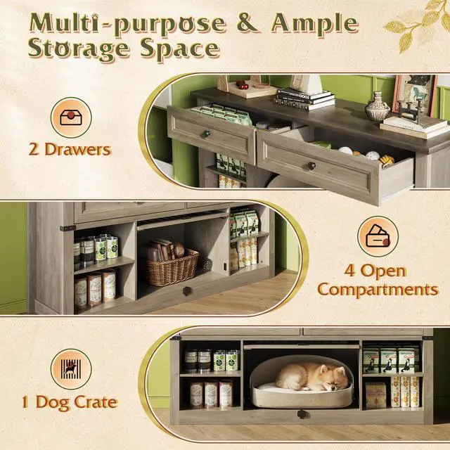 Alt view image 5 of 7 - TV Stand up to 65 Inch TV with 2 Storage Drawers & Open Shelves, Entertainment Center with Small Dog/Cat House, TV Cabinet for Living Room, Bedroom,Dog Crate Furniture(Grey Oak)
