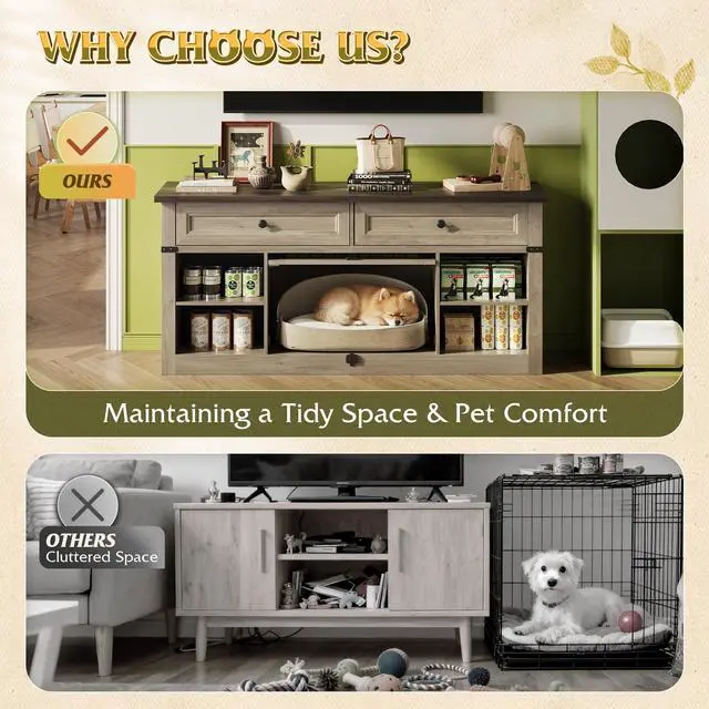 Alt view image 6 of 7 - TV Stand up to 65 Inch TV with 2 Storage Drawers & Open Shelves, Entertainment Center with Small Dog/Cat House, TV Cabinet for Living Room, Bedroom,Dog Crate Furniture(Grey Oak)
