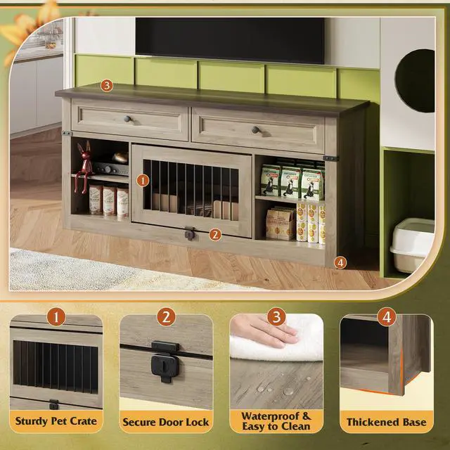Alt view image 7 of 7 - TV Stand up to 65 Inch TV with 2 Storage Drawers & Open Shelves, Entertainment Center with Small Dog/Cat House, TV Cabinet for Living Room, Bedroom,Dog Crate Furniture(Grey Oak)