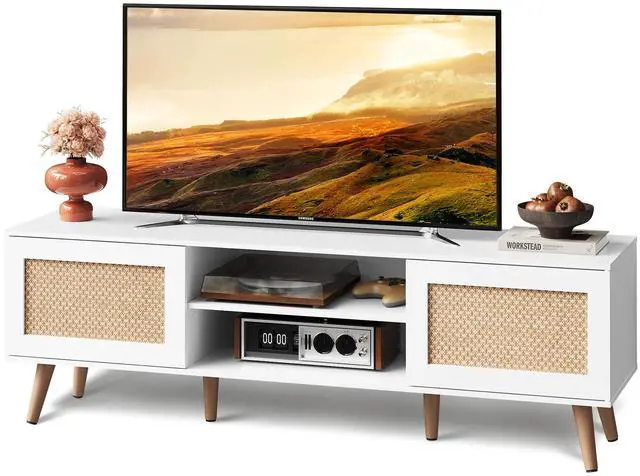 Main image of TV Stand for 65 Inch TV, 58" Boho Entertainment Center, TV Stand for Living Room, TV Console with 2 Storage Cabinets, White