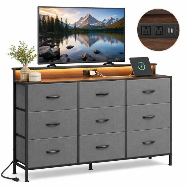 Main image of Grey Dresser TV Stand for 45, 50, 55 inch TV, Entertainment Center with LED Lights & Charging Station, TV Media Console Table with 9 Fabric Drawers and Open Shelves for Living Room, Dark Grey