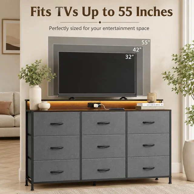 Alt view image 2 of 7 - Grey Dresser TV Stand for 45, 50, 55 inch TV, Entertainment Center with LED Lights & Charging Station, TV Media Console Table with 9 Fabric Drawers and Open Shelves for Living Room, Dark Grey
