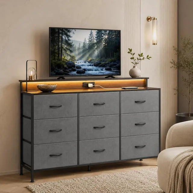 Alt view image 3 of 7 - Grey Dresser TV Stand for 45, 50, 55 inch TV, Entertainment Center with LED Lights & Charging Station, TV Media Console Table with 9 Fabric Drawers and Open Shelves for Living Room, Dark Grey