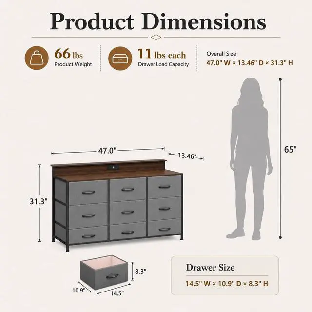 Alt view image 4 of 7 - Grey Dresser TV Stand for 45, 50, 55 inch TV, Entertainment Center with LED Lights & Charging Station, TV Media Console Table with 9 Fabric Drawers and Open Shelves for Living Room, Dark Grey