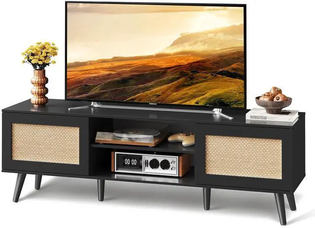 Main image of TV Stand for 65 Inch TV, 58" Boho Entertainment Center, TV Stand for Living Room, TV Console with 2 Storage Cabinets, Black