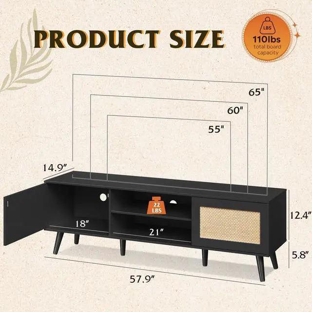 Alt view image 2 of 7 - TV Stand for 65 Inch TV, 58" Boho Entertainment Center, TV Stand for Living Room, TV Console with 2 Storage Cabinets, Black