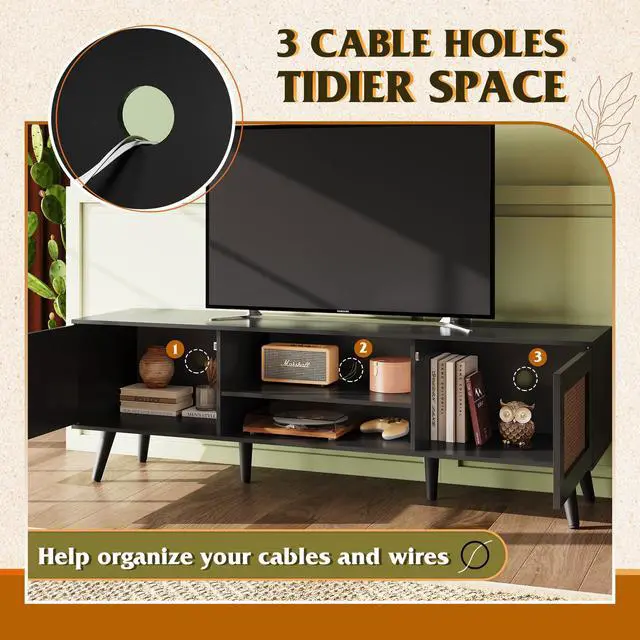 Alt view image 5 of 7 - TV Stand for 65 Inch TV, 58" Boho Entertainment Center, TV Stand for Living Room, TV Console with 2 Storage Cabinets, Black
