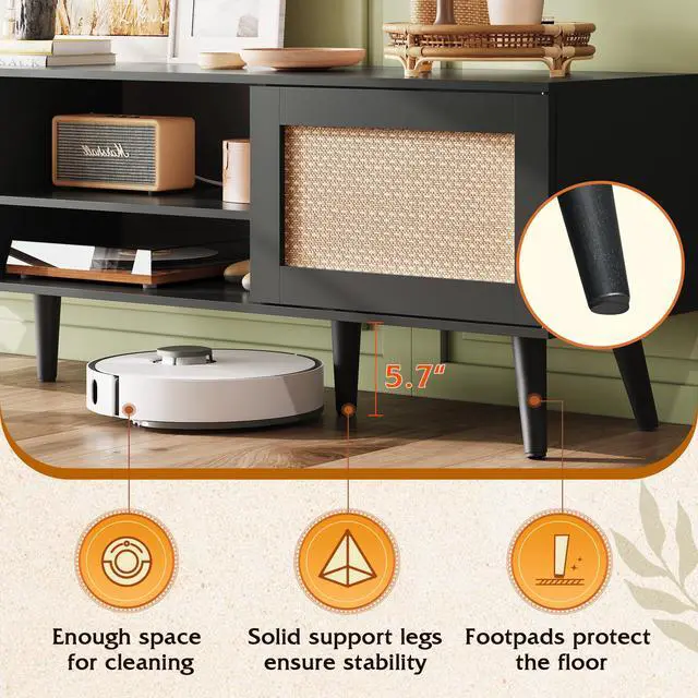 Alt view image 4 of 7 - TV Stand for 65 Inch TV, 58" Boho Entertainment Center, TV Stand for Living Room, TV Console with 2 Storage Cabinets, Black