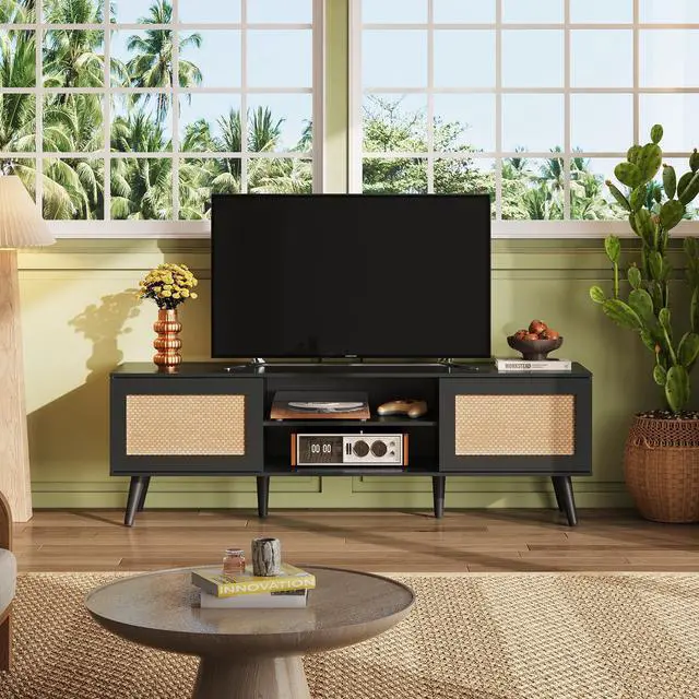 Alt view image 7 of 7 - TV Stand for 65 Inch TV, 58" Boho Entertainment Center, TV Stand for Living Room, TV Console with 2 Storage Cabinets, Black