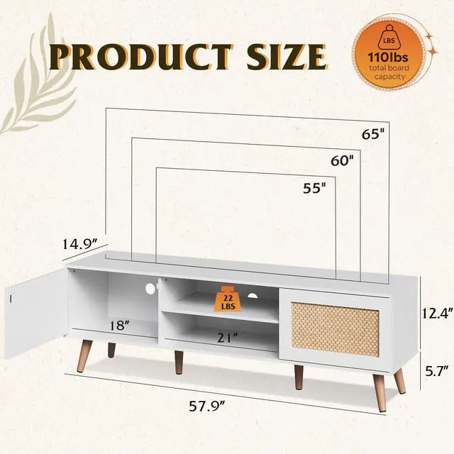 Alt view image 2 of 7 - TV Stand for 65 Inch TV, 58" Boho Entertainment Center, TV Stand for Living Room, TV Console with 2 Storage Cabinets, White