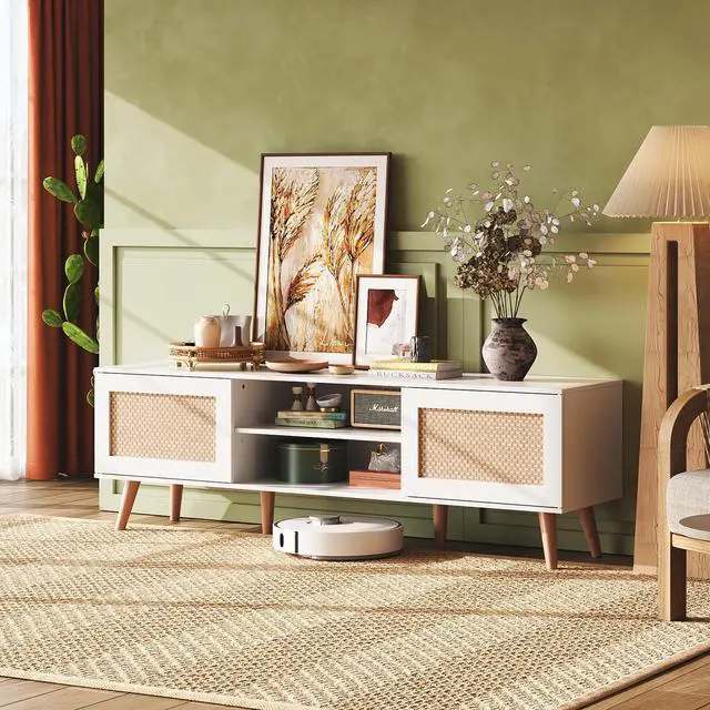 Alt view image 3 of 7 - TV Stand for 65 Inch TV, 58" Boho Entertainment Center, TV Stand for Living Room, TV Console with 2 Storage Cabinets, White