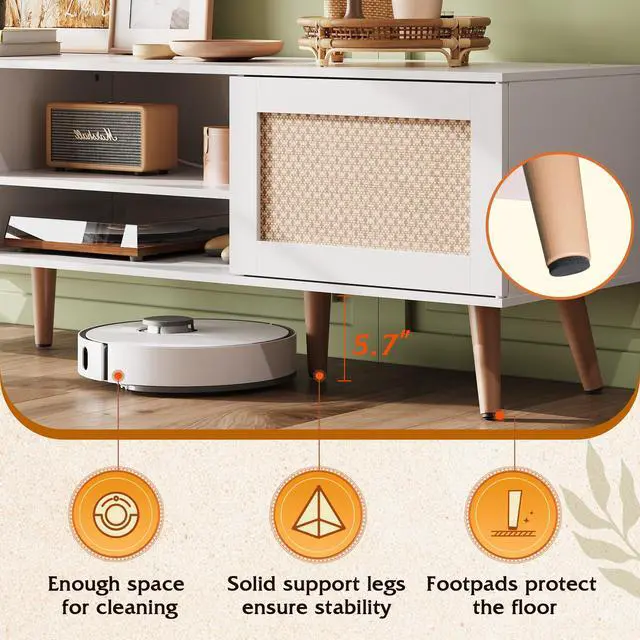Alt view image 4 of 7 - TV Stand for 65 Inch TV, 58" Boho Entertainment Center, TV Stand for Living Room, TV Console with 2 Storage Cabinets, White