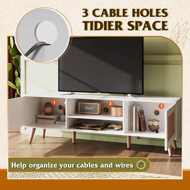 Alt view image 5 of 7 - TV Stand for 65 Inch TV, 58" Boho Entertainment Center, TV Stand for Living Room, TV Console with 2 Storage Cabinets, White