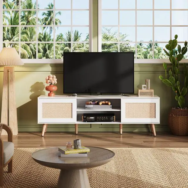 Alt view image 7 of 7 - TV Stand for 65 Inch TV, 58" Boho Entertainment Center, TV Stand for Living Room, TV Console with 2 Storage Cabinets, White