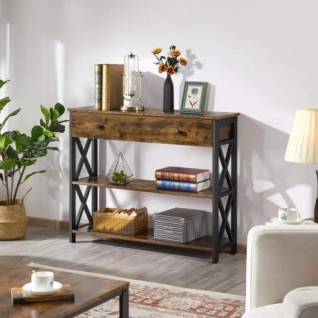 Alt view image 2 of 7 - TV Stand for TV up to 45 inch, Entertainment Center with Drawer, Media Console Table with Storage Shelves, for Living Room, Metal Frame, Rustic Brown