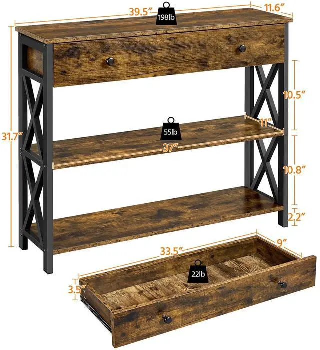 Alt view image 3 of 7 - TV Stand for TV up to 45 inch, Entertainment Center with Drawer, Media Console Table with Storage Shelves, for Living Room, Metal Frame, Rustic Brown