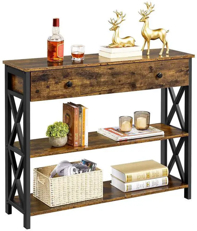 Alt view image 4 of 7 - TV Stand for TV up to 45 inch, Entertainment Center with Drawer, Media Console Table with Storage Shelves, for Living Room, Metal Frame, Rustic Brown