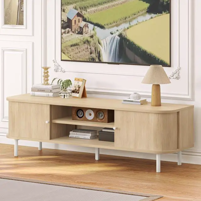 Main image of TV Stand for 65/60 Inch TV, Mid Century Modern TV Stand,Entertainment Center with Fluted Sliding Doors and Hidden Storage, TV Console Table Media Cabinet for Living Room, and Bedroom, Oak