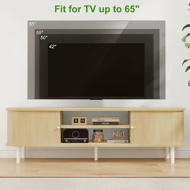 Alt view image 2 of 7 - TV Stand for 65/60 Inch TV, Mid Century Modern TV Stand,Entertainment Center with Fluted Sliding Doors and Hidden Storage, TV Console Table Media Cabinet for Living Room, and Bedroom, Oak