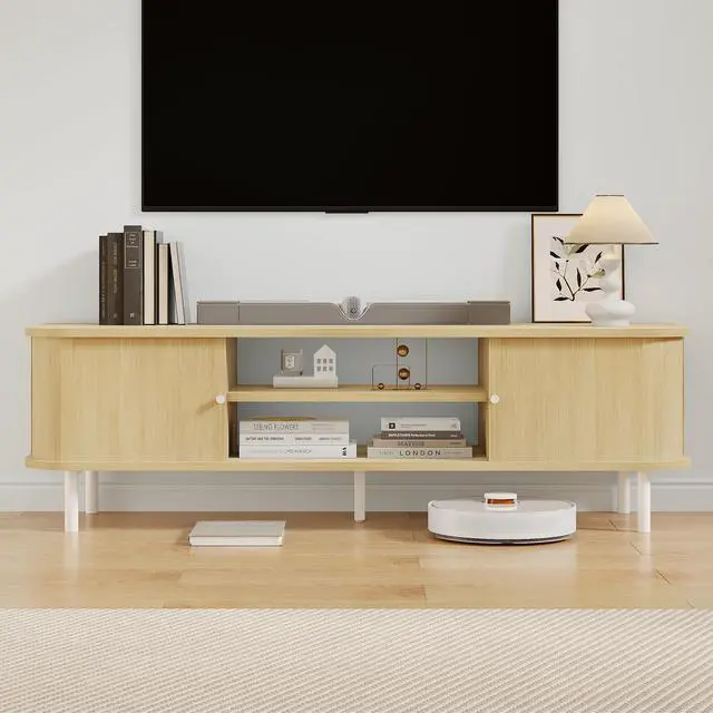 Alt view image 4 of 7 - TV Stand for 65/60 Inch TV, Mid Century Modern TV Stand,Entertainment Center with Fluted Sliding Doors and Hidden Storage, TV Console Table Media Cabinet for Living Room, and Bedroom, Oak