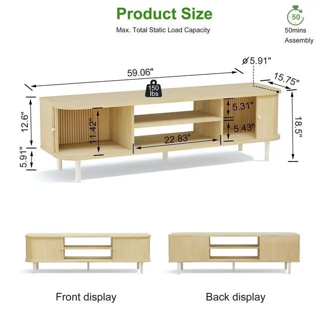 Alt view image 3 of 7 - TV Stand for 65/60 Inch TV, Mid Century Modern TV Stand,Entertainment Center with Fluted Sliding Doors and Hidden Storage, TV Console Table Media Cabinet for Living Room, and Bedroom, Oak