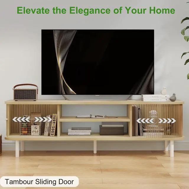 Alt view image 5 of 7 - TV Stand for 65/60 Inch TV, Mid Century Modern TV Stand,Entertainment Center with Fluted Sliding Doors and Hidden Storage, TV Console Table Media Cabinet for Living Room, and Bedroom, Oak