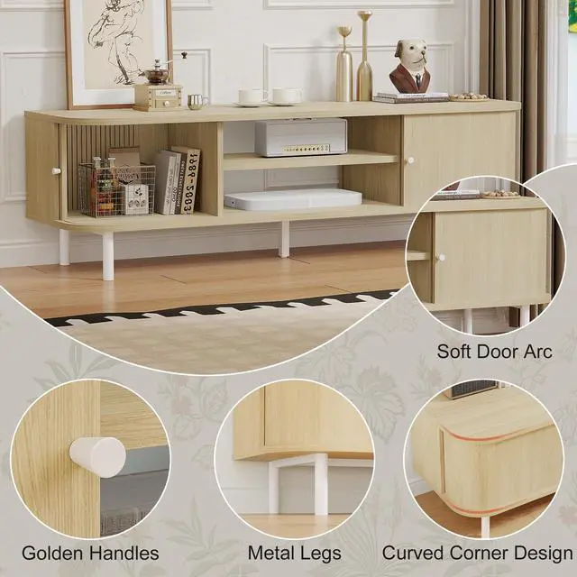 Alt view image 6 of 7 - TV Stand for 65/60 Inch TV, Mid Century Modern TV Stand,Entertainment Center with Fluted Sliding Doors and Hidden Storage, TV Console Table Media Cabinet for Living Room, and Bedroom, Oak