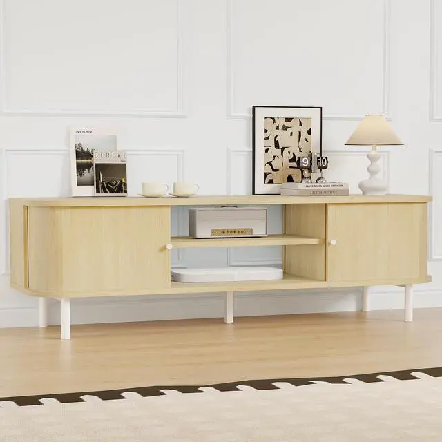 Alt view image 7 of 7 - TV Stand for 65/60 Inch TV, Mid Century Modern TV Stand,Entertainment Center with Fluted Sliding Doors and Hidden Storage, TV Console Table Media Cabinet for Living Room, and Bedroom, Oak