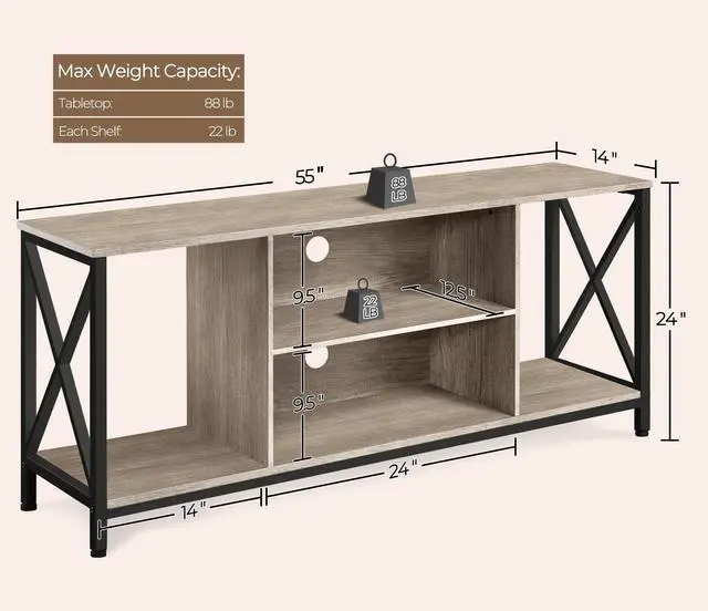 Alt view image 3 of 7 - TV Stand for TVs up to 65 Inch, 55 Inch Entertainment Center with Storage, Wood TV Console with Shelves for Living Room, Gray