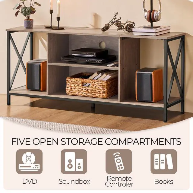 Alt view image 7 of 7 - TV Stand for TVs up to 65 Inch, 55 Inch Entertainment Center with Storage, Wood TV Console with Shelves for Living Room, Gray