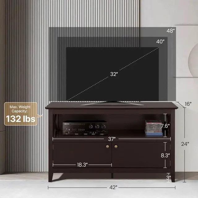 Alt view image 3 of 7 - Wooden TV Stand for TVs Up to 48 inch, Media Entertainment Center Table, TV Cabinet Table with Storage Open Shelf & 2 Doors for Living Room, Espresso