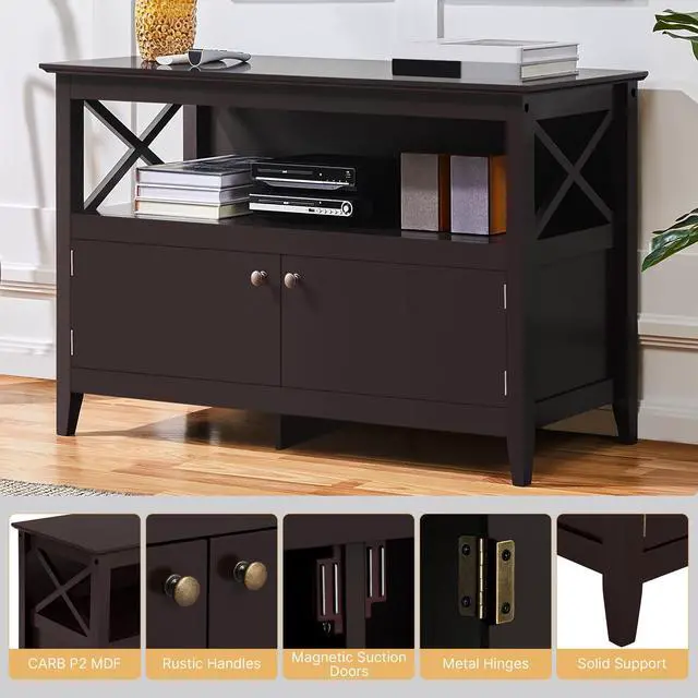 Alt view image 5 of 7 - Wooden TV Stand for TVs Up to 48 inch, Media Entertainment Center Table, TV Cabinet Table with Storage Open Shelf & 2 Doors for Living Room, Espresso
