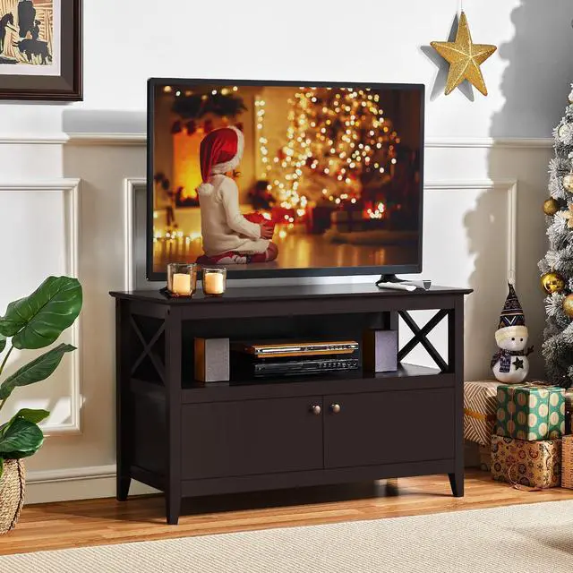 Alt view image 4 of 7 - Wooden TV Stand for TVs Up to 48 inch, Media Entertainment Center Table, TV Cabinet Table with Storage Open Shelf & 2 Doors for Living Room, Espresso