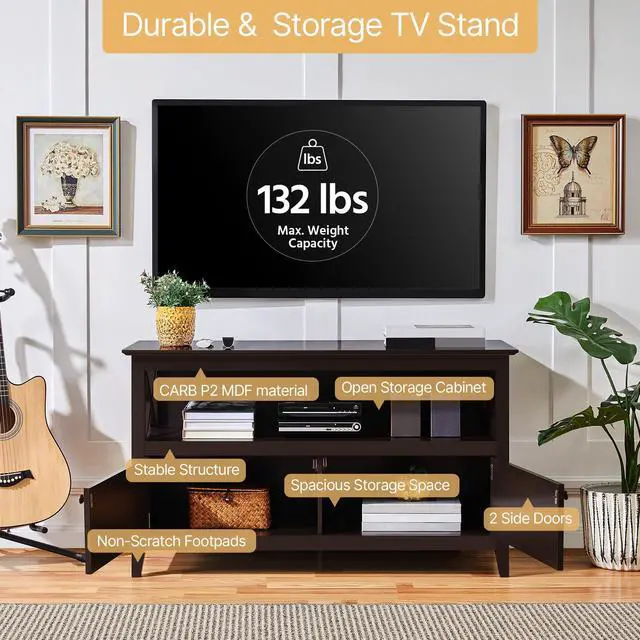 Alt view image 6 of 7 - Wooden TV Stand for TVs Up to 48 inch, Media Entertainment Center Table, TV Cabinet Table with Storage Open Shelf & 2 Doors for Living Room, Espresso