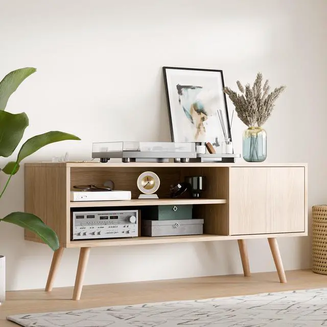 Alt view image 4 of 7 - TV Stand for 48-55 Inch TV, Mid Century Modern Entertainment Center with Storage Cabinet, TV Media Console with Charging Station for Living Room (Oak, 43.3" W x 15.7" D x 19.5" H)