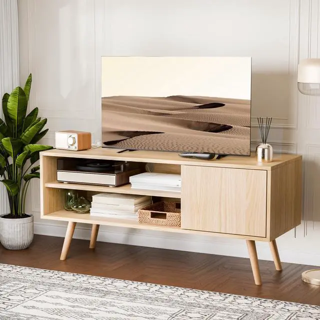 Alt view image 6 of 7 - TV Stand for 48-55 Inch TV, Mid Century Modern Entertainment Center with Storage Cabinet, TV Media Console with Charging Station for Living Room (Oak, 43.3" W x 15.7" D x 19.5" H)